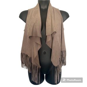 Tan fringe faux suede waterfall western boho cowgirl cowboy festival vest Medium